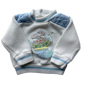 Vintage Doe Spun Infant Size 6-9 Months Sweater Teddy Bear White Blue